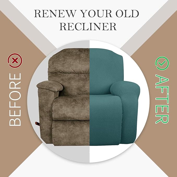 JIVINER 4-Piece Recliner Chair Covers Stretch Jacquard Covers for Recliner Chair Recliner Slipcovers for Living Room Soft Recliner Protector with Pocket (Recliner, Peacock Blue)