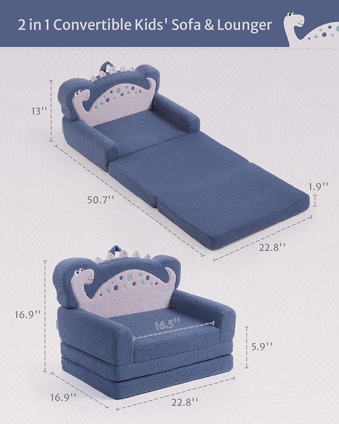 Blissful Diary Kids Couch, 2-in-1 Soft Toddler Couch Fold Out, Toddler Chair Comfy, Convertible Sofa to Lounger with Cute Dinosaur Designs, Blue