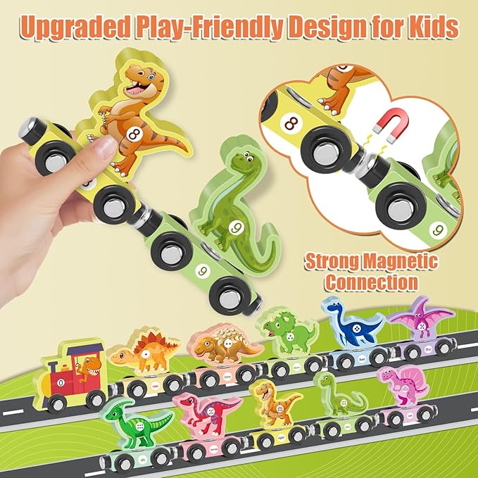 Wooden Train Set for Toddlers 3-5 Boys Girls Kid Birthday Gift 11PCS Magnetic Dinosaur Number Train Toy Educational Game 4-8 Year Old Children Holiday