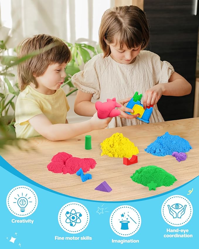 AtMini Play Sand for Kids, 11lbs of 6 Colored Sands, Magic Sand Bulk, Play Sand for Sandbox Sensory Sand Kit for Boys and Girls (Blue Tray)