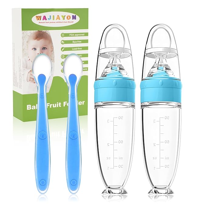 WAJIAYON Baby Food Feeder 4 Pack Silicone Baby Food Dispensing Spoon-3 oz Squeeze Feeding Spoons with Suction Cup for Boys Girl Kids Toddlers - Self Feeding Bottle Spoon-Sky Blue