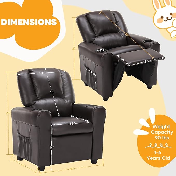 JC HOME Candy Kids Reclining Chair Leather Recliner Sofa Toddler Youth Children Child Ages 1-6