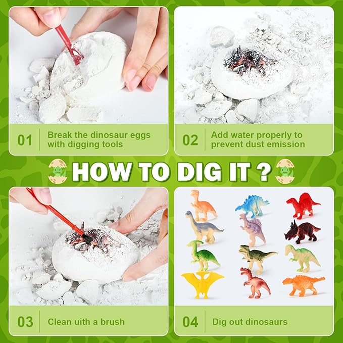 kolegend 12 Pack Dino Eggs Dig Kit and T. Rex Skull Dinosaur Eggs Excavation Set Easter Gift Dinosaur Toys Science Experiments Kits for Kids Easter Basket Stuffers Toys for 3+Year Old Boys Girl