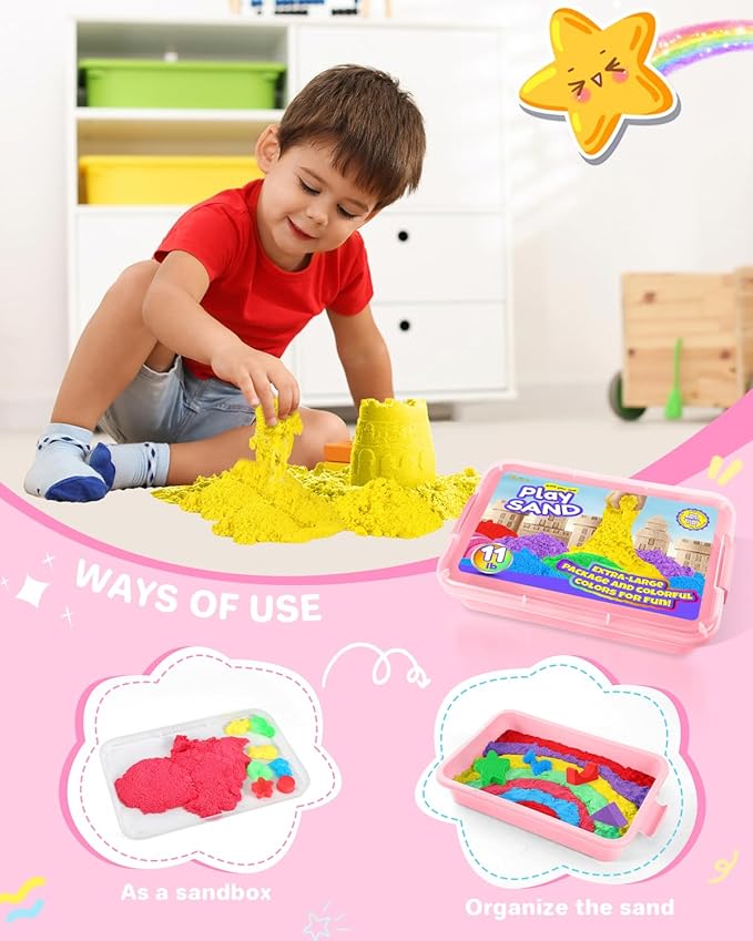 Play Sand with 6 Colored Sands of 11lbs, Including a Sand Tray with Lid - Sensory Toy Kits and Sand Art Kits for Kids (Pink Tray)