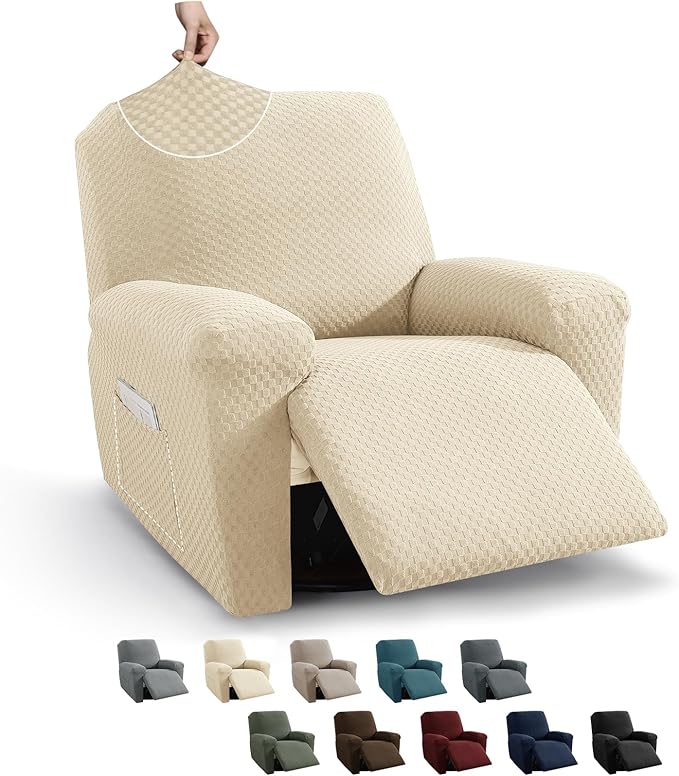 MAXIJIN Recliner Cover Slipcovers for Living Room 4 Pieces Stretch Jacquard Recliner Chair Cover Soft Fitted Recliner Protector with Elastic Bottom for Kids, Pets (Recliner, Light Beige)