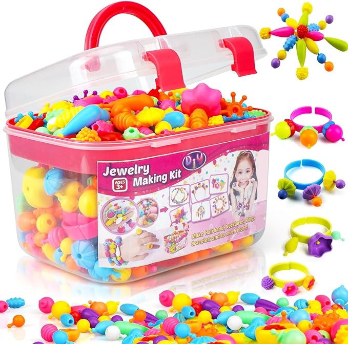 FUNZBO 520+ Snap Pop Beads - Beads for Bracelets Jewelry Making Kit, Arts and Crafts Supplies for Kids, Toys for Girls Age 3 4 5 6 7 8 Years Old Birthday Easter Holiday Valentine Gift