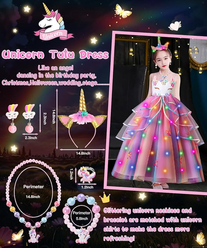 TOLOYE Princess Dresses for Girls, Light Up Mermaid Unicorn Costume Dress with Accessories for Halloween Carnival Cosplay