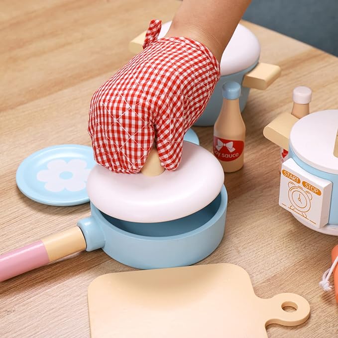 Play Kitchen Accessories, Wooden Play Set Cooking Toys, 17 Pieces Play Cookware Pots and Pans Set, Cooking Simulation Montessori Educational Toys, Christmas Birthday Gifts for Kids Girls Boys 3-7