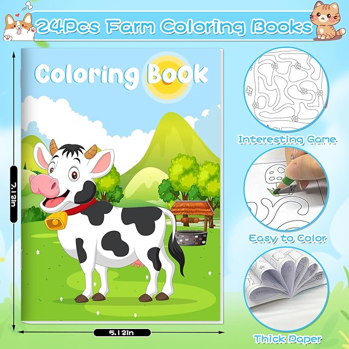 48Pcs Farm Animals Mini Coloring Books for Kids Party Favors Bulk Gift Cows Horses Barns Small Art Drawing Book for Goodie Bags Stuffer for Holiday Birthday Party School Classroom Activity Supplies
