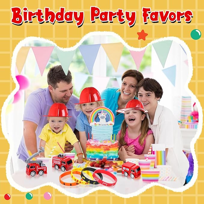 Poen 100 Pieces Mini Fire Engine Toy Trucks Firefighter Chief Soft Plastic Hat Silicone Bracelets Firefighter Birthday Party Supplies Fire Truck Toy Party Favor for Kids Boys Girls
