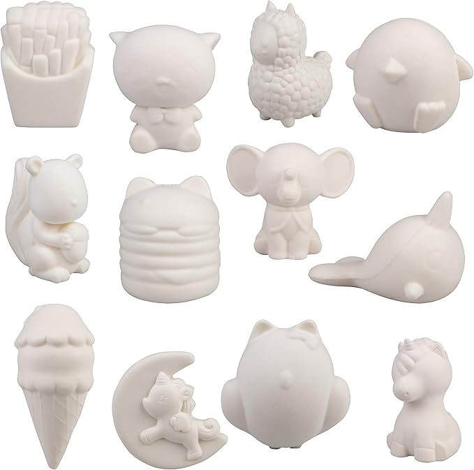 DIY Party Craft Kit Jumbo Blank Slow-Rising Squishies -12 Different 4-6" Designs -White Kawaii Sqwishy Toys for Painting, Soft Scented Stress Relief Art Crafts -Kids Holiday Birthday Activity Gift
