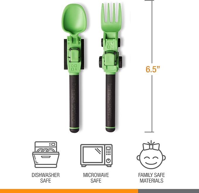 Dinneractive Utensil Set for Kids – Construction Themed Toddler Forks and Spoons, Toddler Utensils – 2-Piece Set – Green Construction Utensils for Toddlers - Loader & Tractor Toddler Spoons and Forks