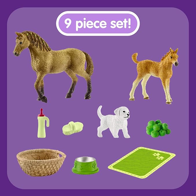 Schleich Horse Club Sarah's Baby Horse Animal Care Figurine Toy Set - Little Farm Animal Care Horse, Foal, and Puppy with Accessories Play Toy Set for Boys and Girls, Gift for Kids Age 5+