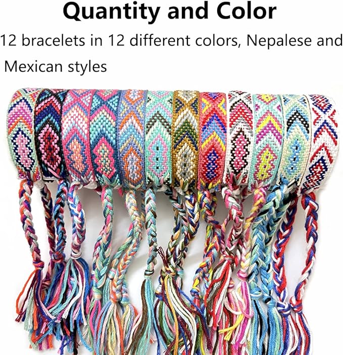 Woven Friendship Bracelets, Braided Bracelets String, Adjustable Nepal Bracelet，Mexico Wave Anklet for Best Friends Kids Women Girls Kids Men, Assorted Colorful（12PCS）
