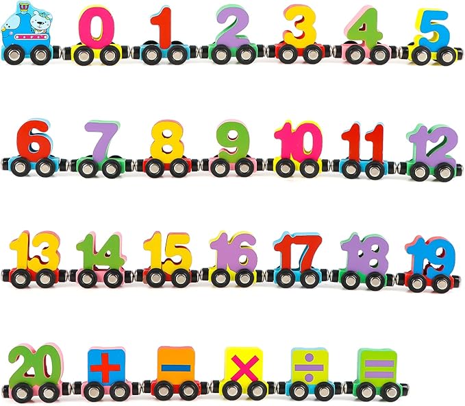 Wondertoys 27 PCS Wooden Train Set Toy Wooden Magnetic Number Train Set Includes 1 Engine Cars for Toddlers Boys and Girls, Compatible with Major Brands Train Set Tracks