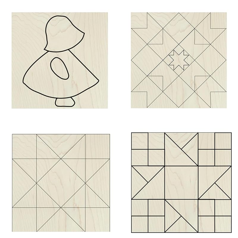 Set of 4 Coasters Small Barn Quilt Kit DIY Pattern Unfinished Wood Quilting Block Sign Paintable Art for Adults and Kids (Double Friendship Star, HST Star, Patchwork Star, Dutch Girl)