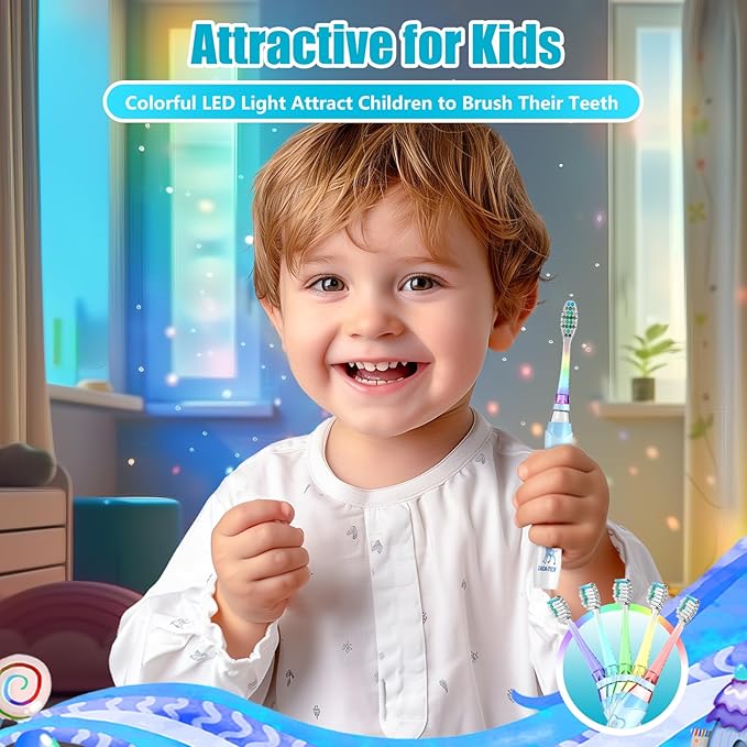 Kids Electric Toothbrush Toddler Toothbrush Age 2-4-8-12 Electric Toothbrush Kids with Timer Rainbow LED Light Up Vibrating Toothbrush Battery Operated Childrens Sonic Tooth Brush (Blue Giraffe)