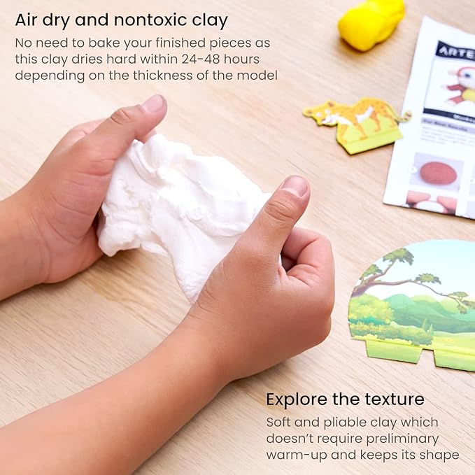 Arteza Kids Air Dry Clay, 42 Bars, Safari Stage Modeling Clay Kit, 14 Mini-Stages, 14 Googly Eyes, 3 Glitter Glues, 1 Craft Tool, 7 Instruction Sheets, Craft Supplies for Learning and Developing