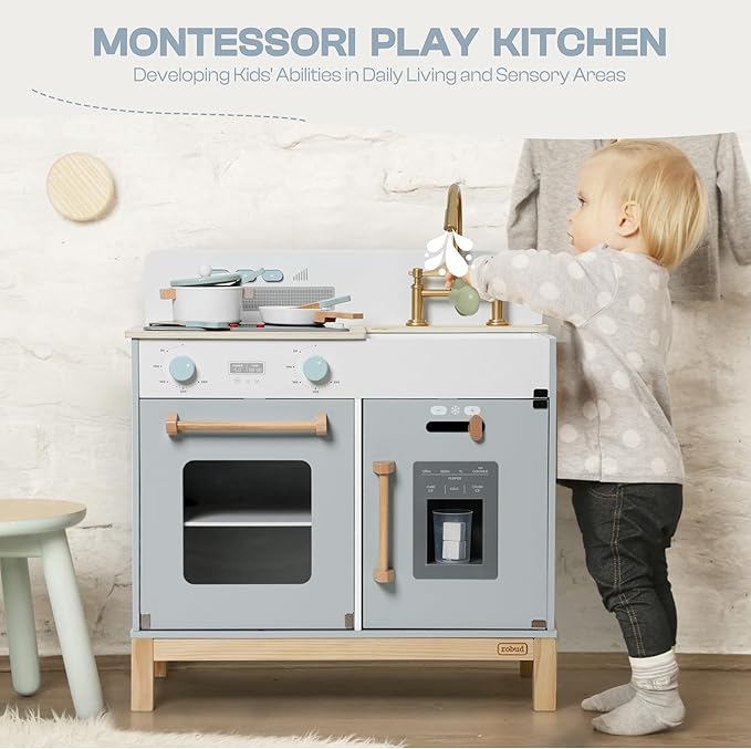 ROBUD Montessori Kids Kitchen Playset, Wooden Play Kitchen, Pretend Toddlers Kitchen Toy with Accessories, Baby Gift for Ages 3 4 5 6 7 8