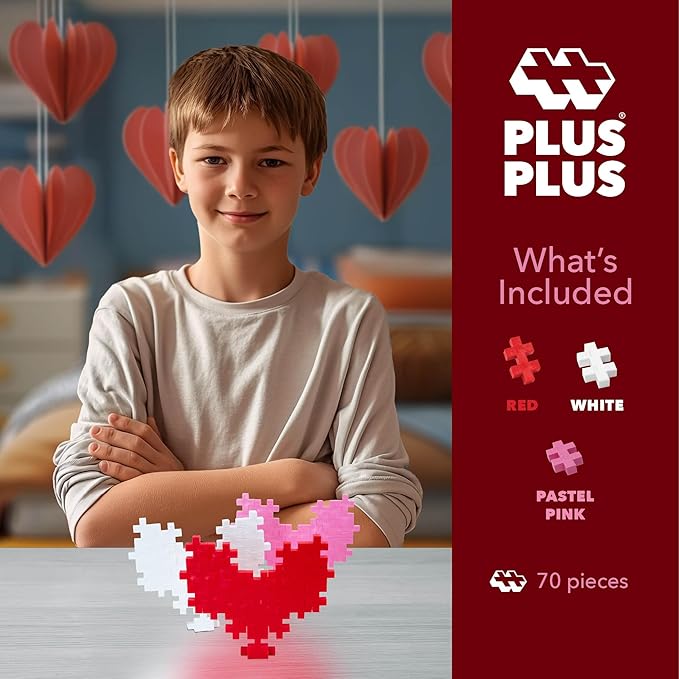 PLUS PLUS 3D Puzzle Building Block Set, 70 Mini Interlocking Pieces, Fun Holiday Activities for Kids - I Love You Hearts Mini Maker Tube