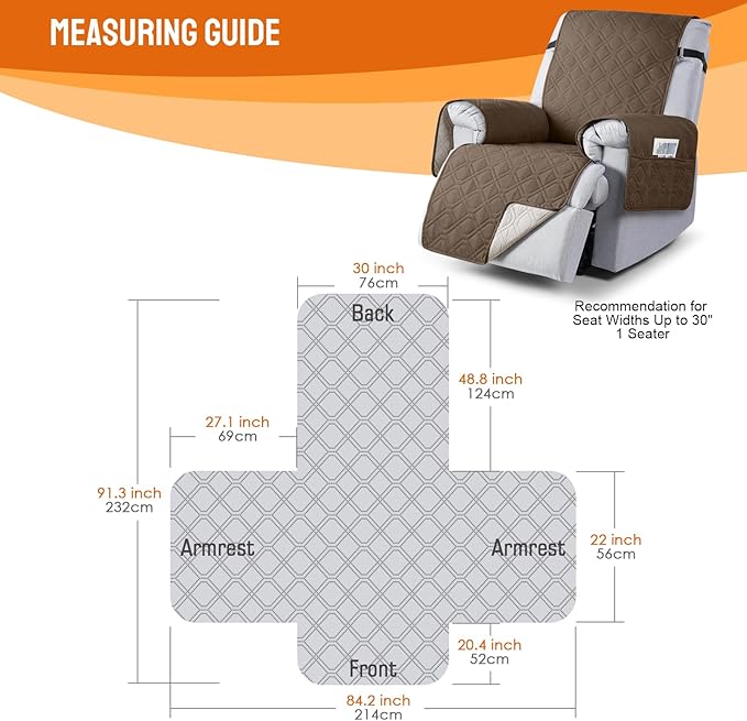 VANSOFY 100% Waterproof Recliner Chair Covers, Recliner Cover Non-Slip Dog Chair Cover Furniture Protector Washable Slipcover with Pocket, Elastic Straps for Pets, Dogs(Brown, 30")