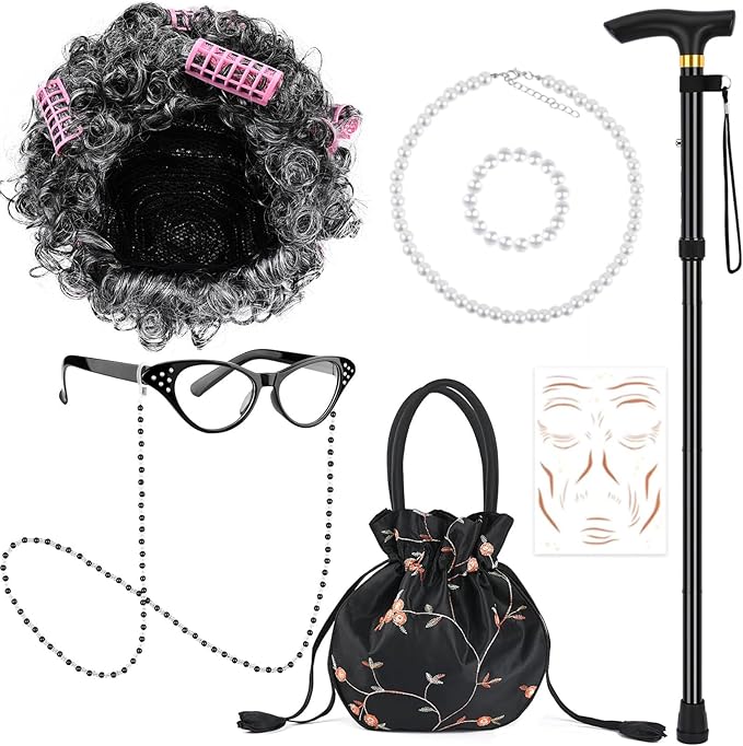 9 PCS 100 Days of School Old Lady Wig Set Include Wig Glasses Necklace Bracelet Glasses Chain Bag Cane and Stickers