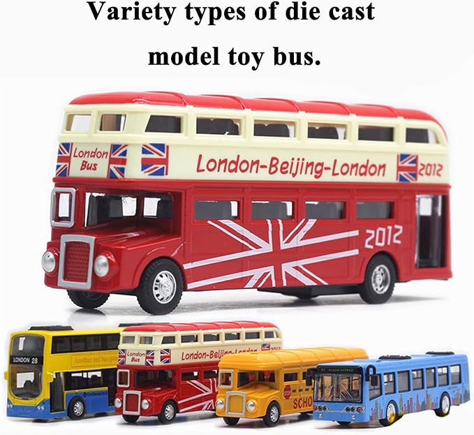 OTONOPI Bus Toys Pull Back School Bus Double Decker London Vehicles City Sightseeing Tour Bus Die Cast Metal Toy Cars Friction Powered Play Vehicle Toy Set for Kids 4 Pack
