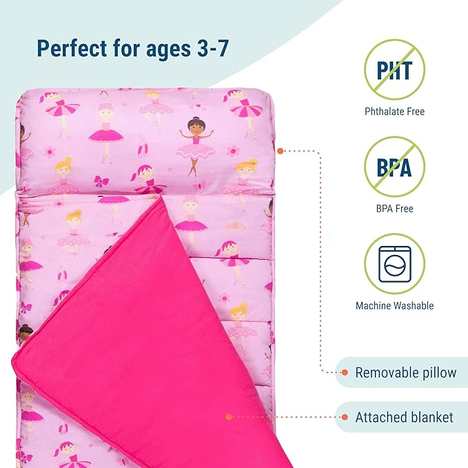 Wildkin Original Nap Mat with Reusable Pillow for Boys & Girls, Perfect for Elementary Daycare Sleepovers, Features Hook & Loop Fastener, Cotton Blend Materials Nap Mat for Kids