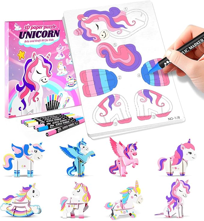 Paint with Unicorn Water Coloring Books for Kids,3D Puzzle & Watercolor Painting Kit,Mess Free Painting Activity,Arts and Crafts 8-12 Toy,Valentines Birthday Gifts for Girls Ages 4,5,6,7,8,9,10,11,12+