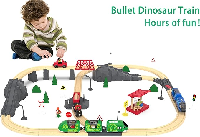 Toy Train Set for Wooden Tracks, Battery Operated Train for Toddlers, Motorized Train with Dinosaur Train for Kids, Electric Train Toy Compatible with Thomas & Friends, Brio