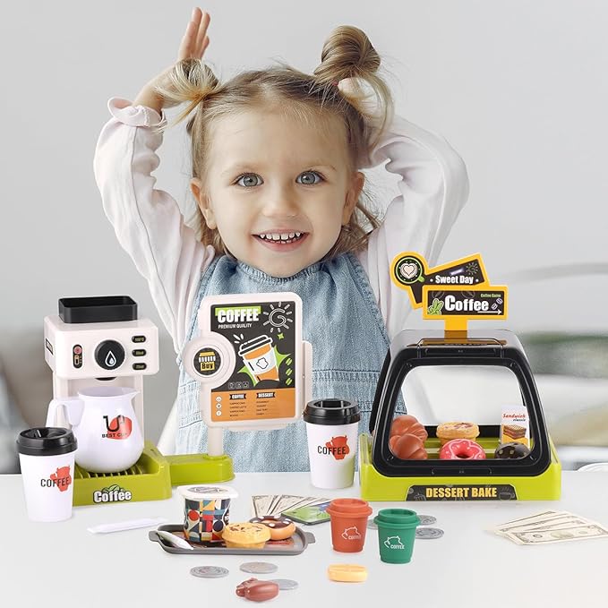 GAGAKU Toy Coffee Maker Machine and Cash Register Kit with Sound Light Kids Kitchen Pretend Play Sets Kitchen Appliances Toy for Boys Girls-Green