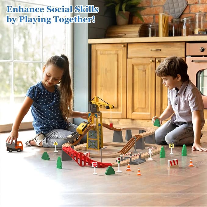 Giant bean 72PCS Tower Crane Wooden Train Set, Battery Operated Electric Train Track for Boys and Girls 3-7, Christmas Birthday Toy Gift