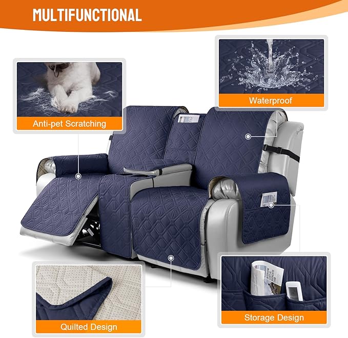 VANSOFY Loveseat Recliner Cover with Console 100% Waterproof Sofa Slipcovers Non-Slip Reclining Couch Cover Split Sofa Covers Furniture Protector for Pets, Dogs(Dark Blue)