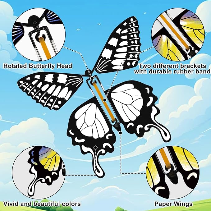 SANYIYIBA 24 Pack Flying Butterfly Craft Kit with 12 Wind Up Butterflies and 12 Color Pens - DIY Toys for Kids' Parties School Activities and Parent-Child Fun