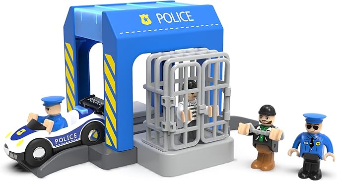 Wooden Train Tracks Accessories, Train Set Piece of Police Station Compatible with All Railroad Track Collection, Train Toys Expansion Pack for Kids Ages 3 and Up.