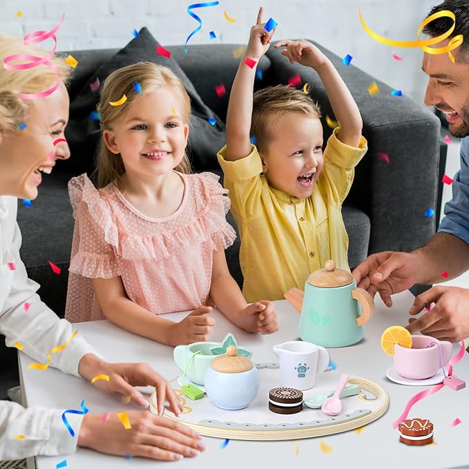Toy Tea Party Set for Toddlers Girl,Wooden Tea Set Toys for 3-4-7 Year Old Girls ,Play Food Pretend Play for Toddlers…