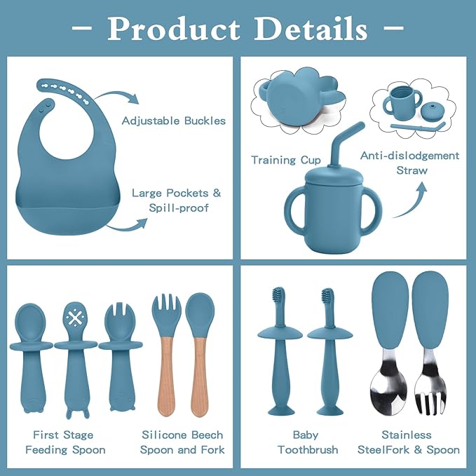 Silicone Baby Feeding Set,13PCS Baby Feeding Essentials with Suction Bowl and Plate,Spoons & Forks,Bib & Cup,Baby Toothbrush,Baby Led Weaning Supplies for 6+ Months,Baby Eating Essentials (Blue)