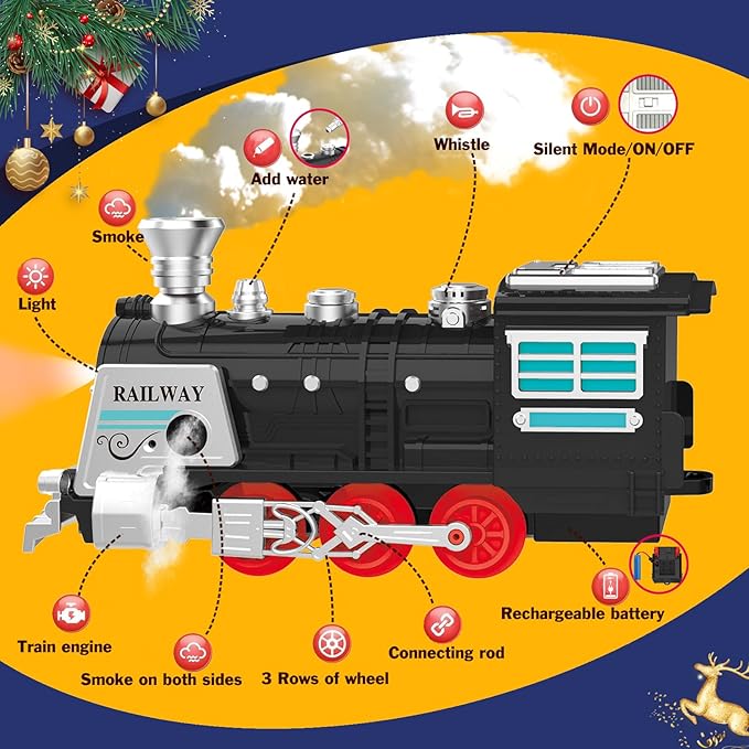 Electric Train Set Christmas Train Toys w/Smokes,Lights& Sound (ON/Off) Kids Rechargeable Train Set w/Steam Locomotive, Cargo Cars & Tracks Christmas Birthday Gift for Boys Girls 3 4 5 6 7