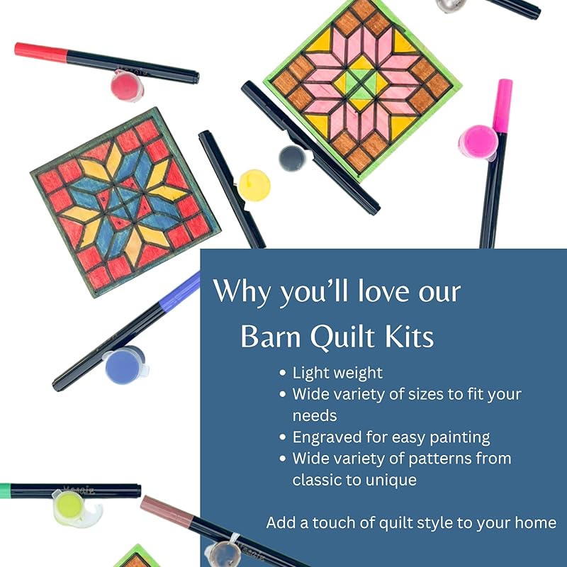 Set of 4 Coasters Small Barn Quilt Kit DIY Pattern Unfinished Wood Quilting Block Sign Paintable Art for Adults and Kids (HST, Friendship Star, Dutch Square, Flying Geese)