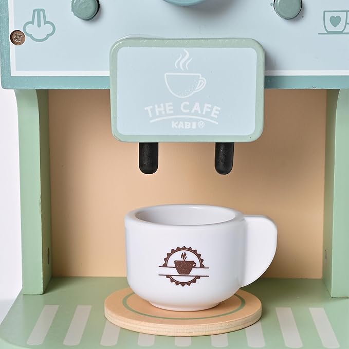 Kids Wooden Toys Toddler Pretend Play Kitchen Accessories Green Coffee Maker Espresso Machine Playset Montessori Kitchen Toy Gift for Girls and Boys