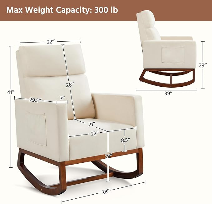 Yaheetech Rocking Chair, Modern Glider Chair, Recliner Armchair with Wood Legs and Side Pocket, Nursery Rocking Accent Chair with High Back for Living Room Bedroom, Beige