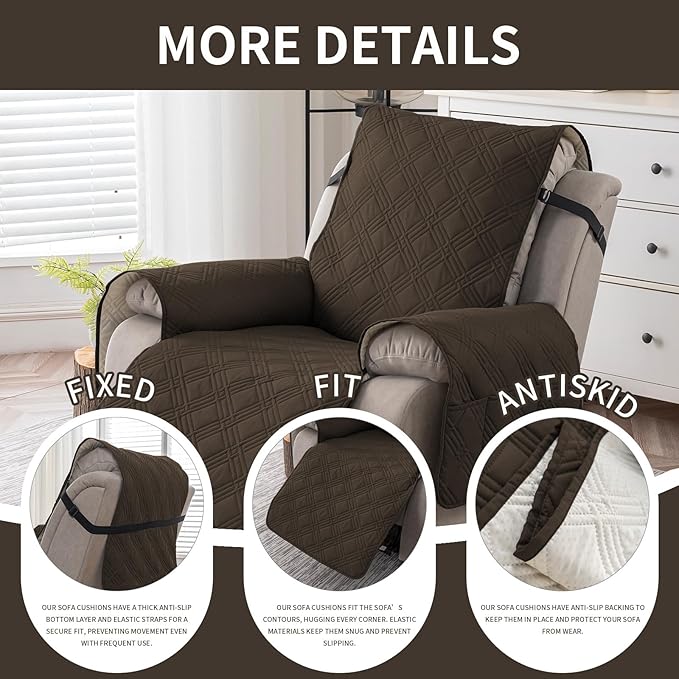 Easehomey 100% Waterproof Recliner Chair Covers, Non Slip Dog Chair Cover Furniture Protector Washable Chair Cover with Pocket, Elastic Straps for Kids,Pets,Dogs (Coffee, 23.6")