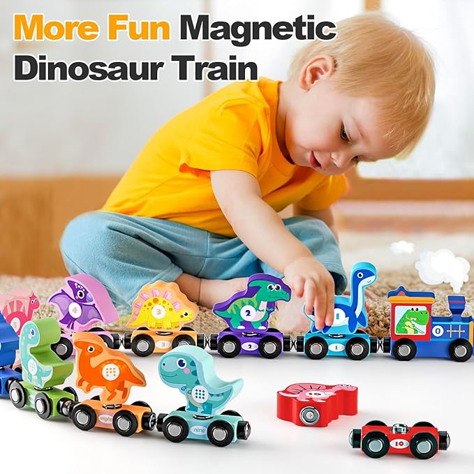 Magnetic Wooden Train Toys for 2 Year Old Boy Gifts, Snap Matching Dinosaur Toy Train for Toddlers 3-5, Dinosaur Toys for Kids 2-4 - Learning Montessori Toys for Toddler Boy Girl Birthday Gifts