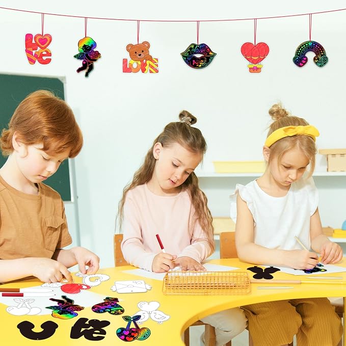 PARTYWIND 100 Pack Valentine's Day Scratch Paper Art for Kids, Magic Valentines Crafts for Classroom Exchange Games Activity, Valentines Decorations Ornaments for Party Supplies