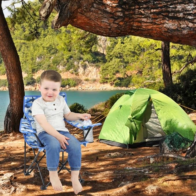 Emily Rose Kids Folding Chair | Beach Chair with Safety Lock- Camping Chair for Boys Girls Toddler with Cup Holder & Carry Case- Tailgate, Travel, Lawn- for Indoor & Outdoor (Blue Camo)