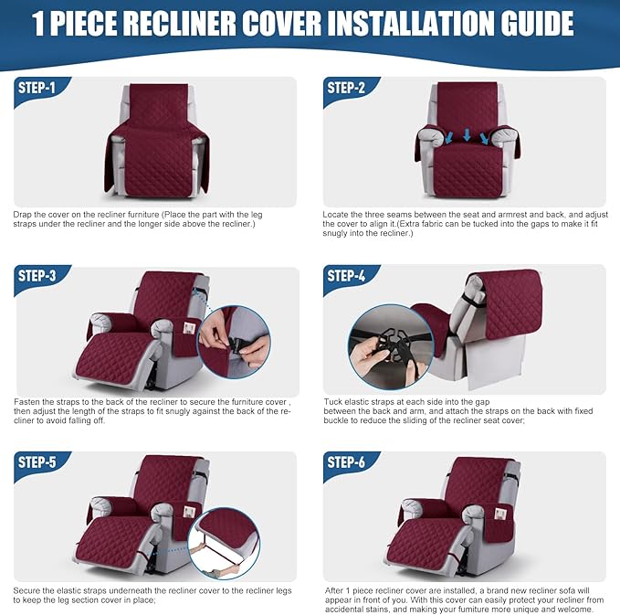 TAOCOCO 100% Waterproof Recliner Covers, Recliner Sofa Covers with Leg Straps, Reversible Recliner Couch Cover for Reclining Chair, Washable Couch Protector for Pets Kids(1 Seater 22", Wine)