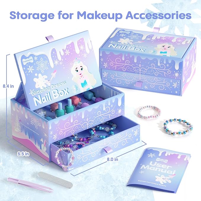 Tomons Kids Nail Polish Set for Girls, Non Toxic Nail Polish Art Kit for Kids Ages 7-12, Frozen Toys Gifts for 8 9 10 11 12 Year Old Girl, Bracelets, Glitter, Sequins, Stickers - 8 Colors