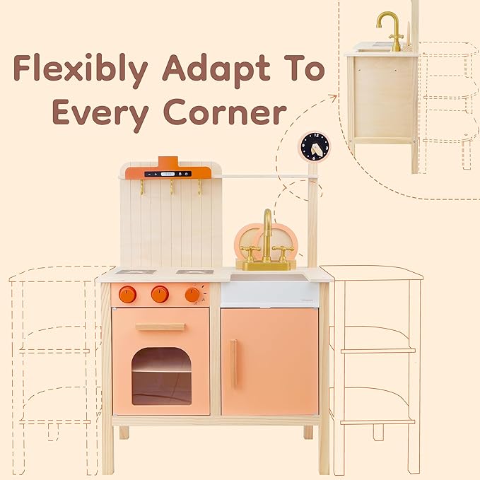 Play Kitchen Set, Wooden Toy Kids Kitchen Playset, Pretend Toddler Kitchen with Play Dishes Play Sink Microwave Oven Cookware Accessories Playset,Best Gift for Girls Boys 3+ Year Old(Red)