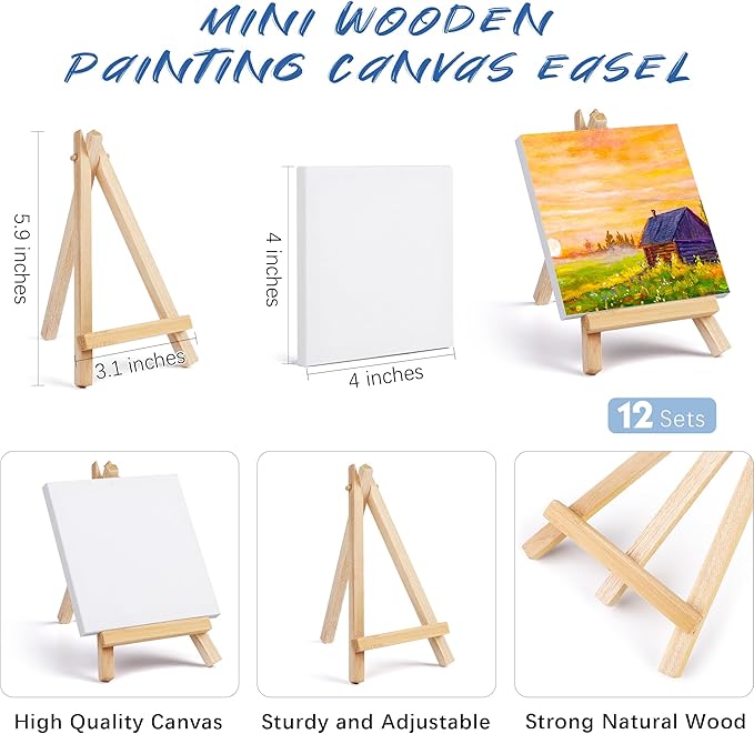 Aodaer 48 Pieces Mini Watercolor Paint Set Include 12 Colors 4 x 4 Inch Watercolor Paints, Wooden Canvas Easels, Canvas Tote Bags, Aprons, Back to School Art Beginner Supplies for Kids