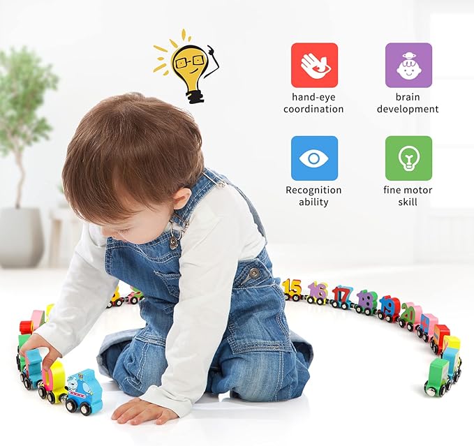 Wondertoys 27 PCS Wooden Train Set Toy Wooden Magnetic Number Train Set Includes 1 Engine Cars for Toddlers Boys and Girls, Compatible with Major Brands Train Set Tracks